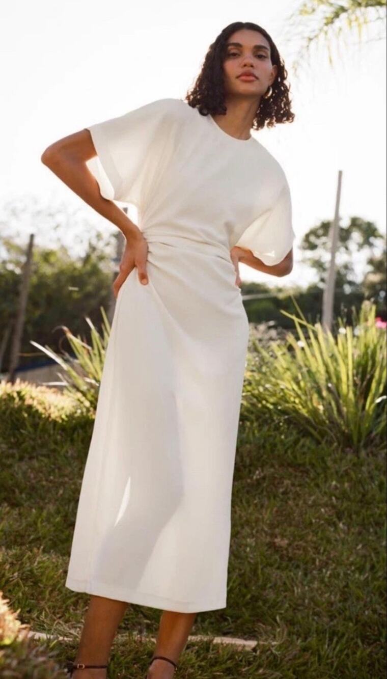 Zara Draped Fitted Dress Medium Ecru Pleated Sides Bridal Classy Clean Girl